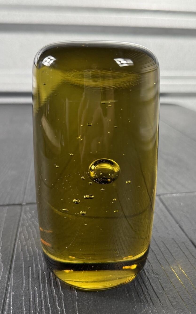 Seguso Cá d'Oro olive-amber glass paperweight cylindrical